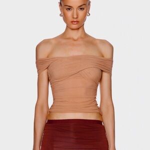Luxury Brand - Off-Shoulder Ruched Camel Colored Crop Top